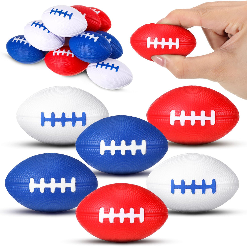 Seenelling mini foam football stress balls in red, white, and blue for party favors.