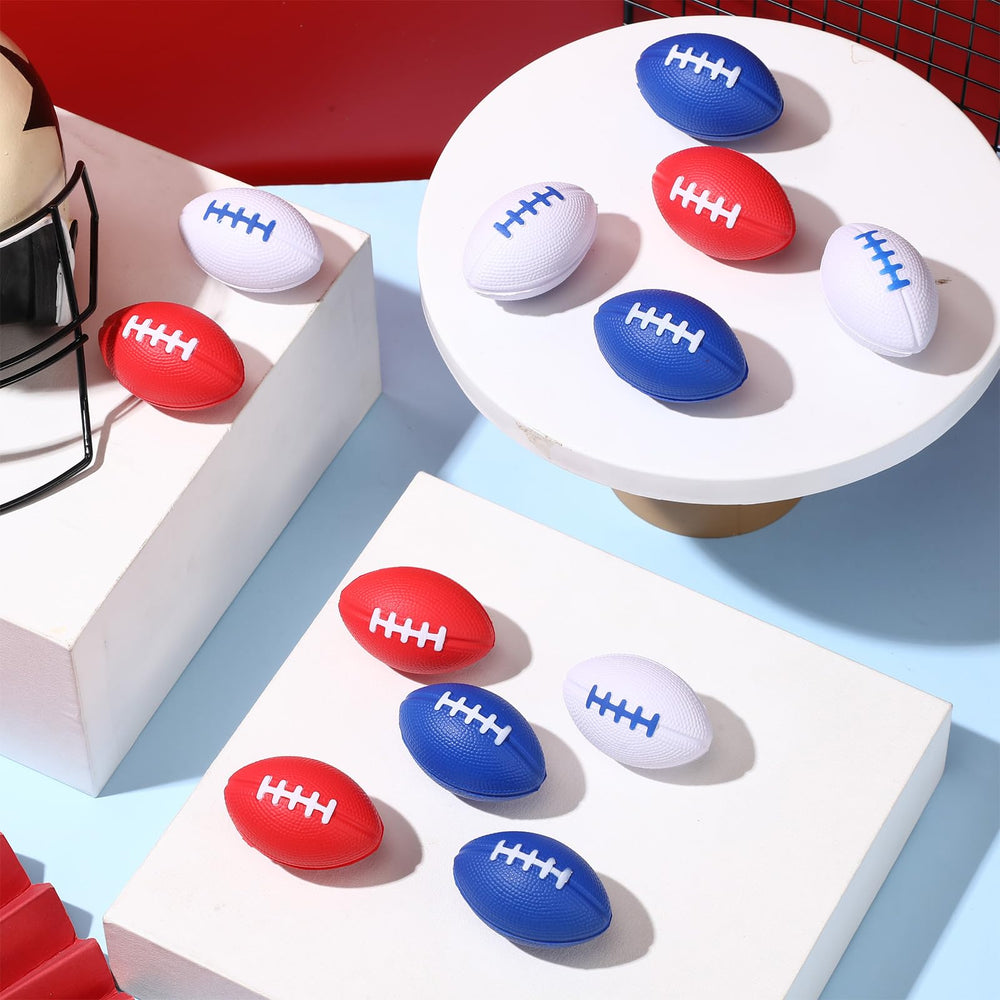 Red, white, blue foam footballs used as beach and party decor.