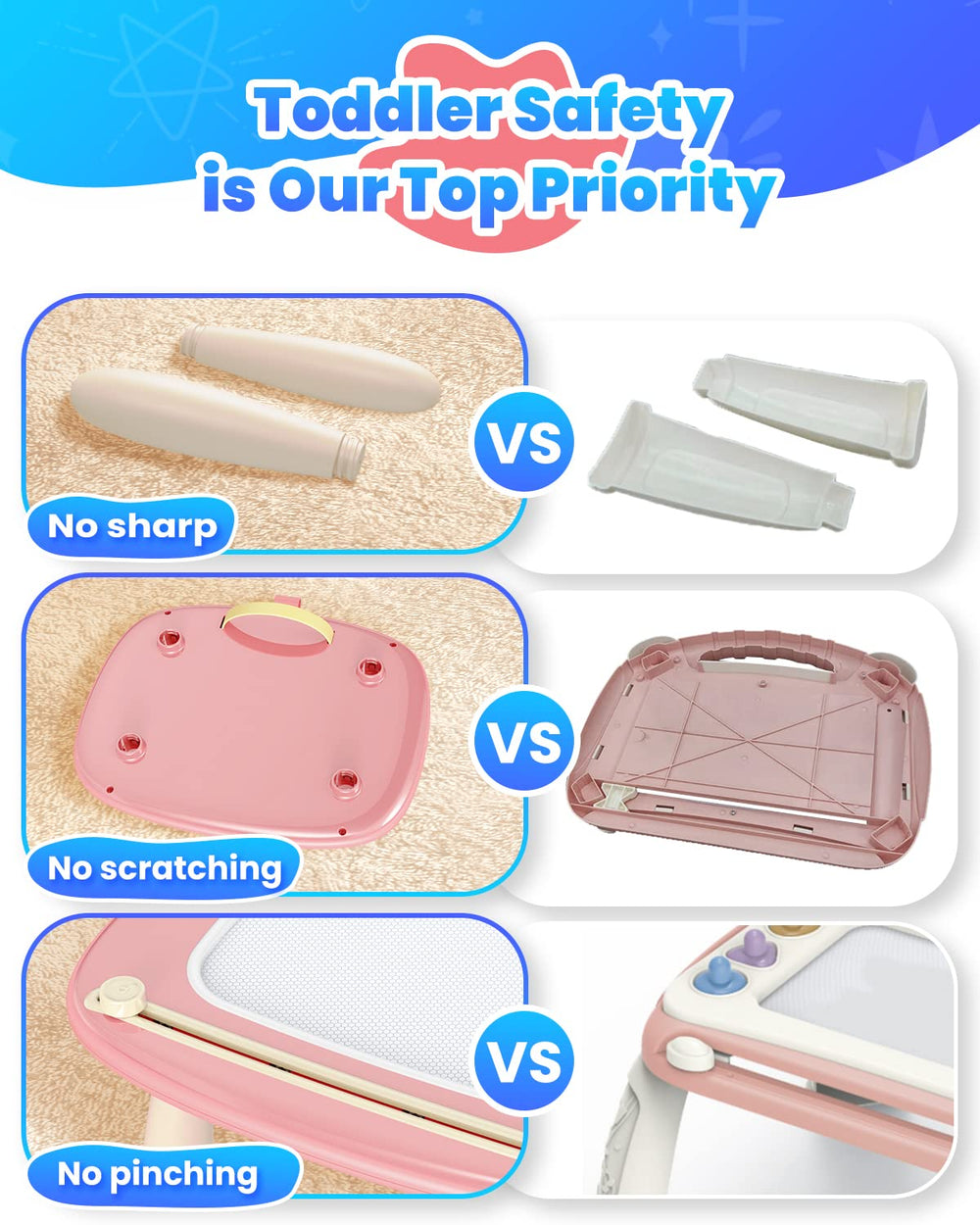 Seimome pink magnetic board with detachable legs for stable playtime.