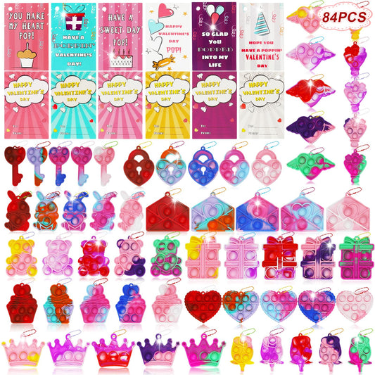 SEMITIMES 84-pack valentines gifts for kids, vibrant fidget bubbles for classroom exchanges.