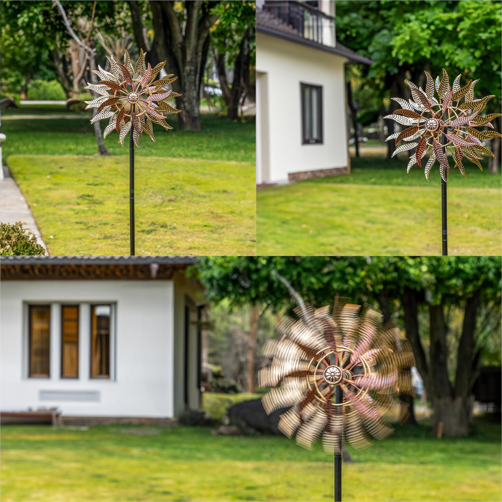 Senflame wind spinner in backyard adds kinetic motion and color.