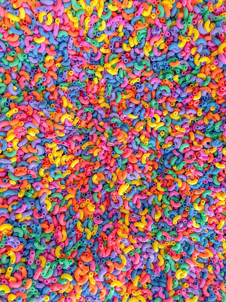Sensory-N-Stuff color-rich pasta invites themed activity playtime.