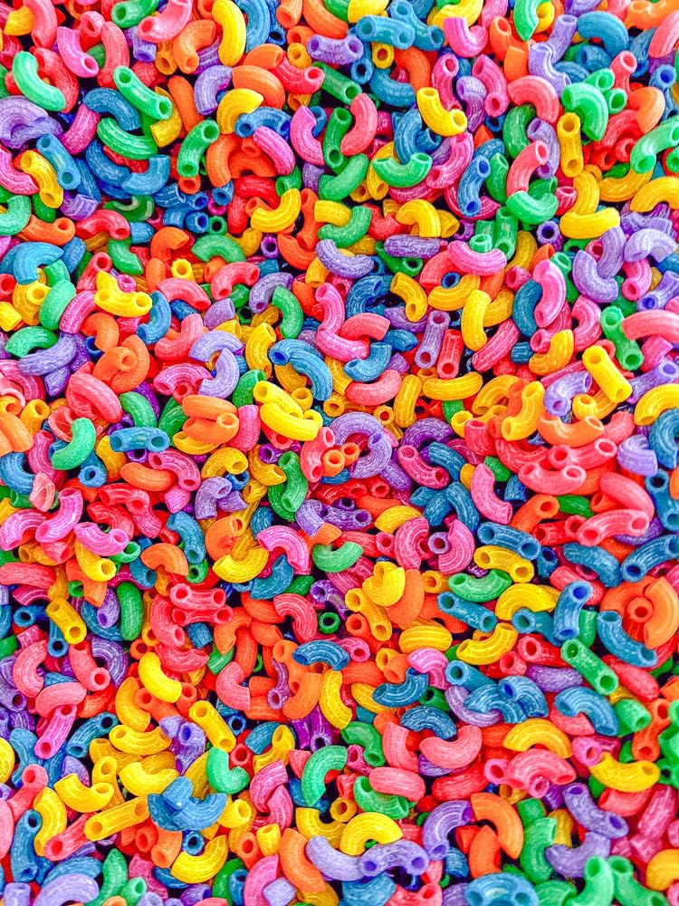 Sensory-N-Stuff non-toxic dyed pasta that stays colorfast during play.