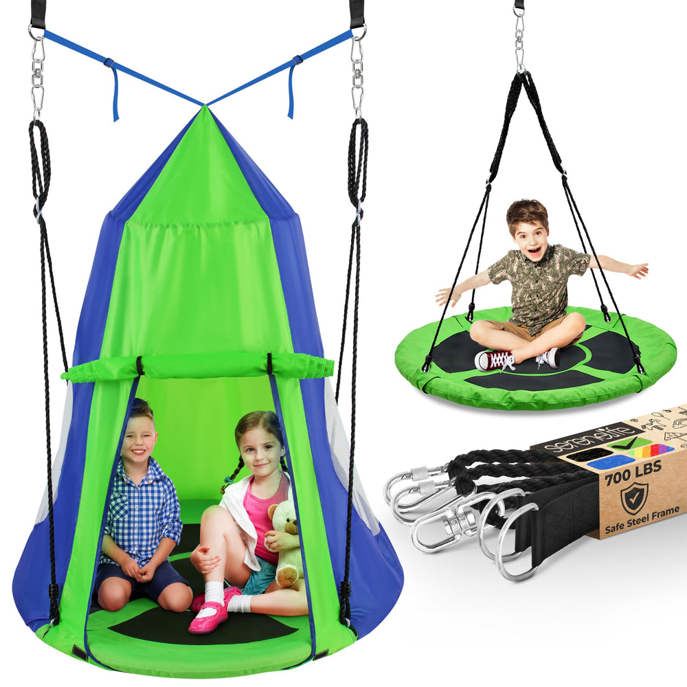 SereneLife 40-inch kids hanging tent swing green creates a cozy outdoor reading nook