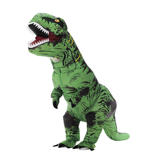 Servllcell green inflatable dinosaur costume worn by a child for Halloween photos