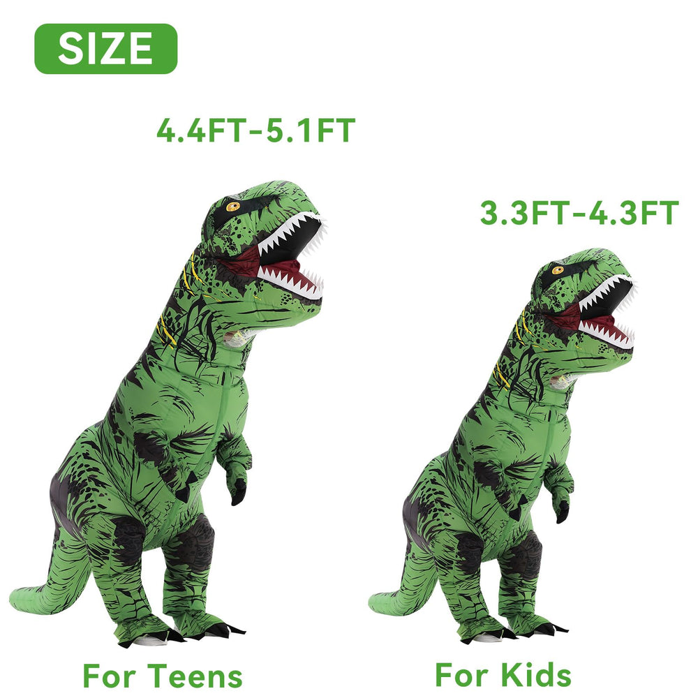 Servllcell green T-Rex costume shown on a kid during a party showcase