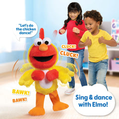 Elmo wiggles and giggles as the Chicken Dance plays