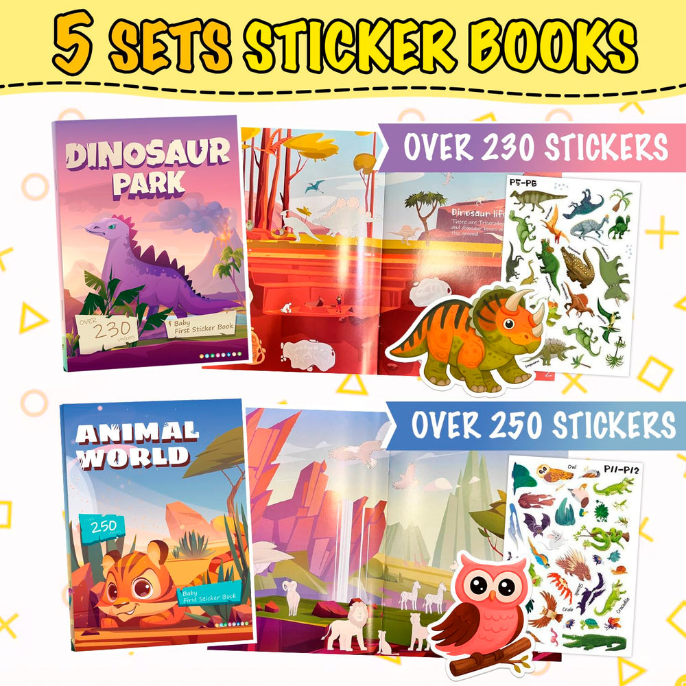 Sets of 5 Animal World sticker book cover fosters fine motor skills and color recognition.