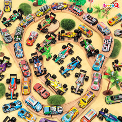 SevenQ storage box with cars, top view, keeps play tidy.