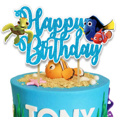 Seyal Findng Nmo Happy Birthday Topper with underwater clownfish design for ocean-themed cakes.