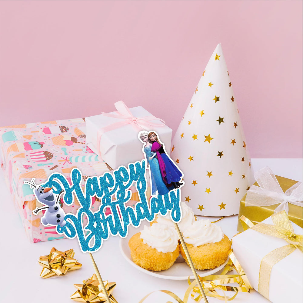 Seyal Frozn Happy Birthday Topper durable 260gsm artboard ensures safe display.