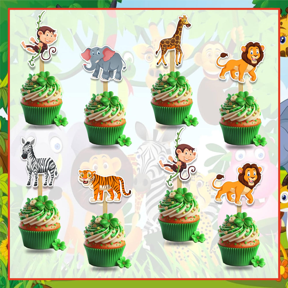 Seyal Jugle Safari Cupcake Topper ensemble highlights animal motifs on cupcakes.
