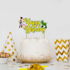 Toy Stry Happy Birthday Topper with sturdy stick base for secure dessert decoration.