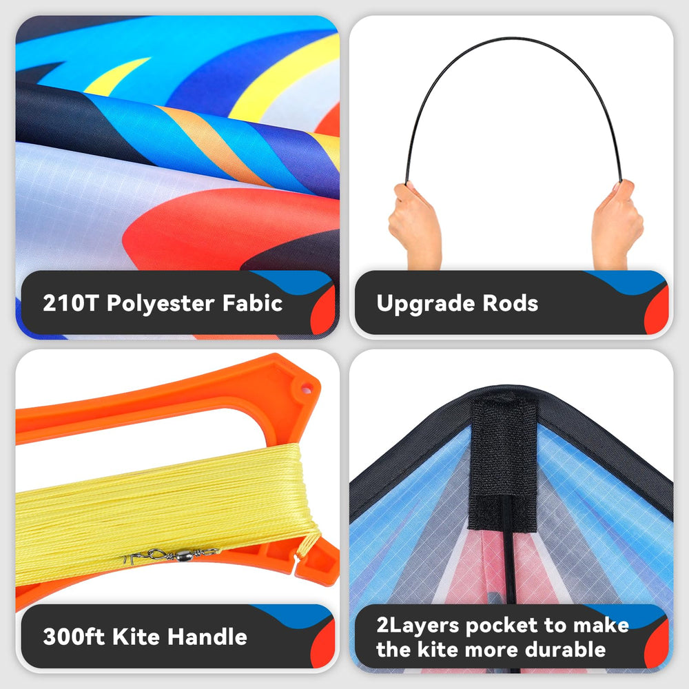 SGftre blue large delta kite highlighting its 52x35 inch size in sky.