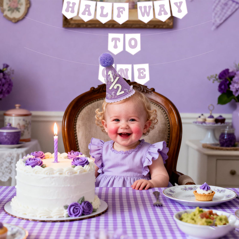 Shanmorine cake smash moment with purple decorations and banner.