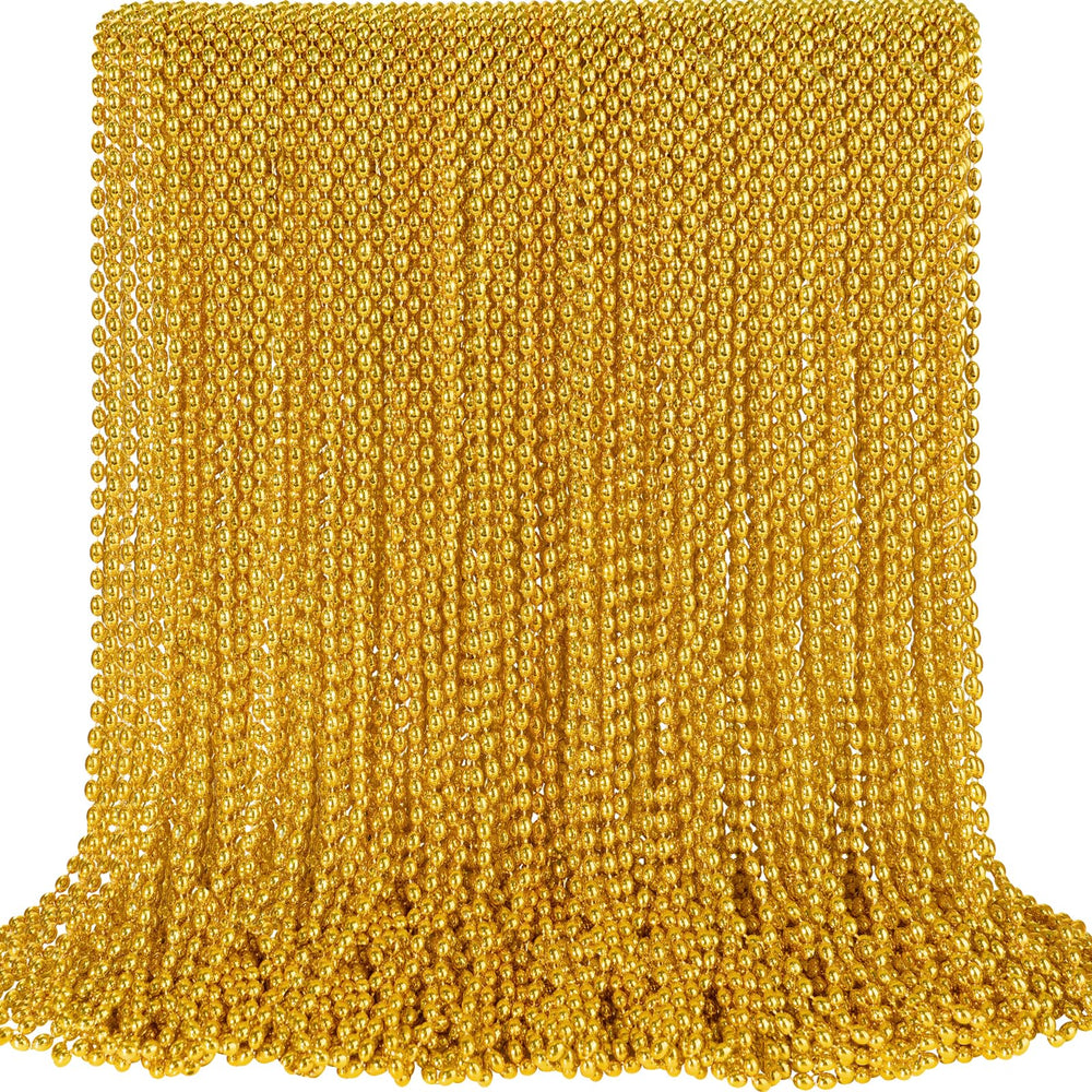 SHAOQINLIN closeup of 100 gold bead necklaces, ideal for Mardi Gras party decoration