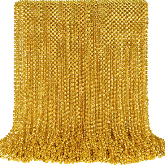 SHAOQINLIN closeup of 100 gold bead necklaces, ideal for Mardi Gras party decoration