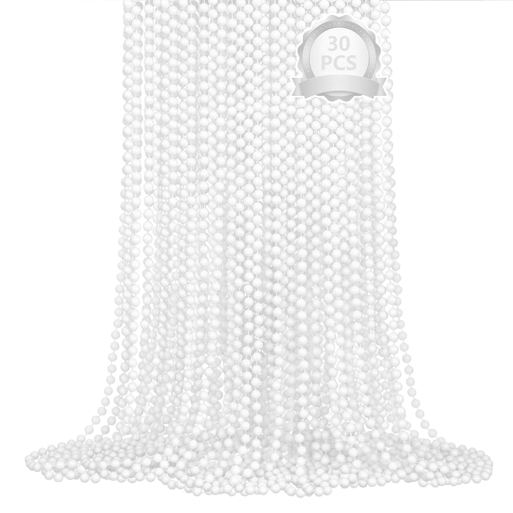 SHAOQINLIN white bead necklace close-up, 33-inch parade-ready strand for parties.