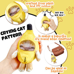 Shappy banana cat keychain soft plush close-up, premium feel and cuddly touch