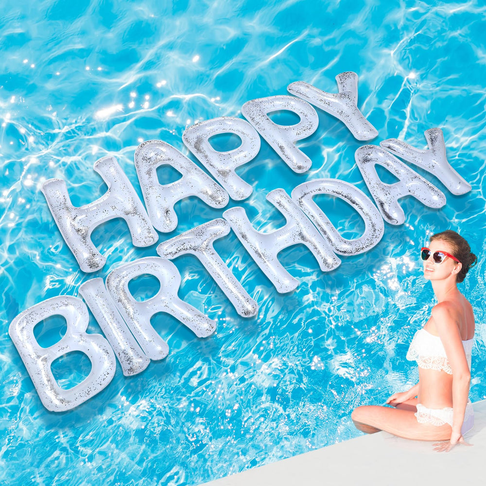 Shappy Happy Birthday letters pool decor in action with shimmering confetti.