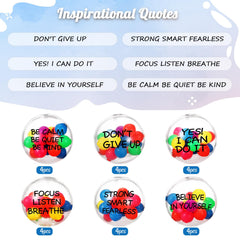 Shappy stress balls with inner colorful beads and printed messages for focus.