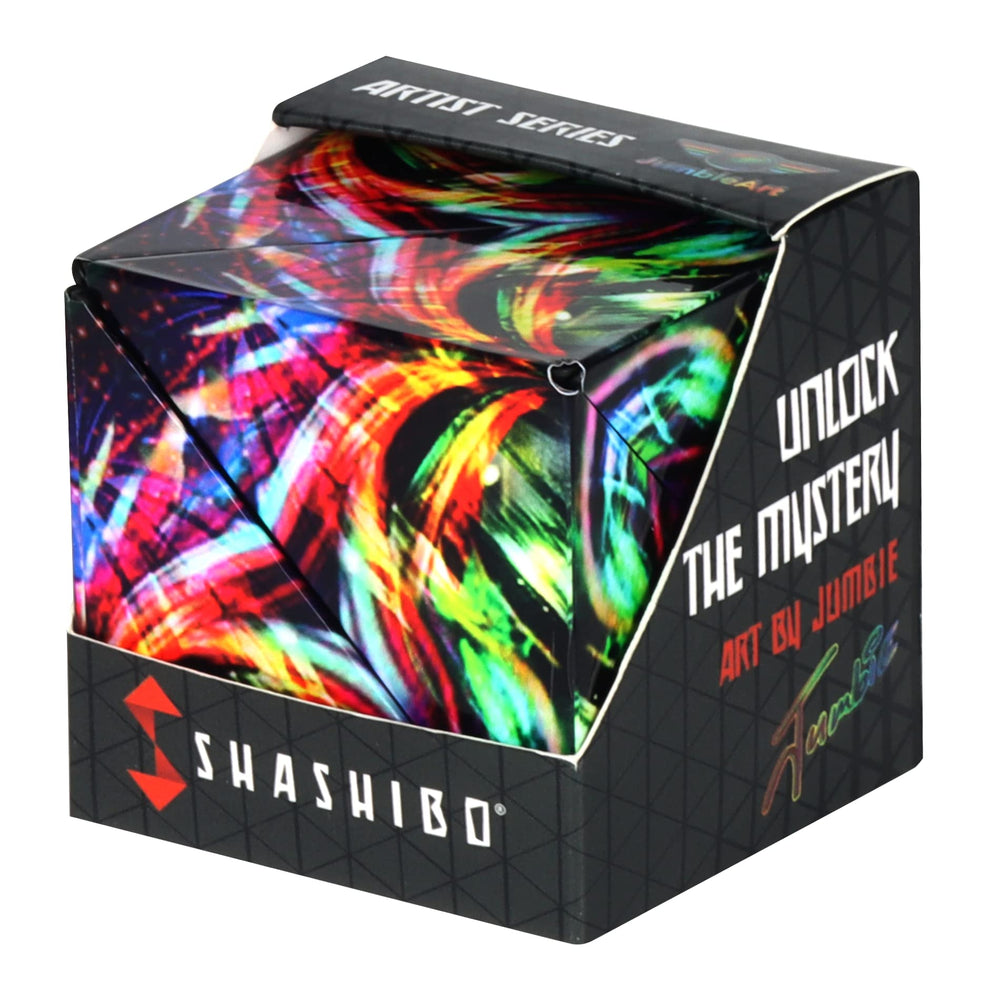 Shashibo Cosmic Surfer box closed state for tactile exploration and shape discovery.