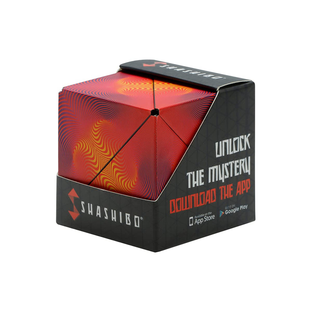 Shashibo shape shifting box shown in cube form for focused play.