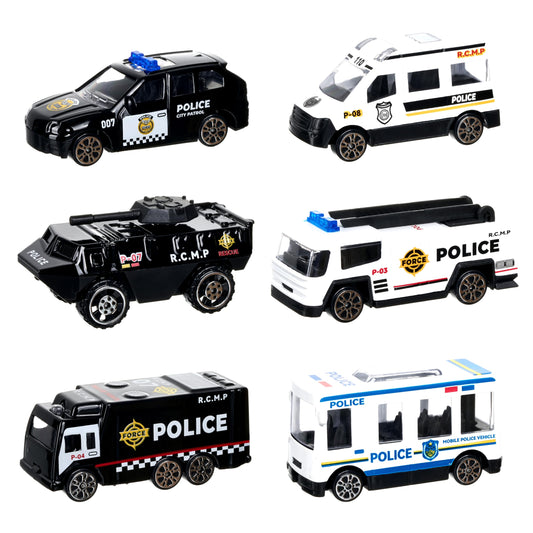 Shellvcase police truck toy set packaging displays six cars for imaginative playtime.