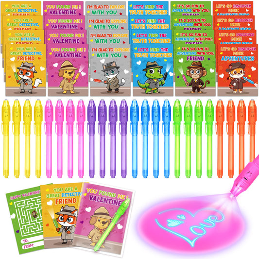 Shemira 24 pack valentines cards with invisible ink pens for classroom exchanges