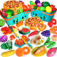 Shemira cutting play food set with baskets supports imaginative play and organization.