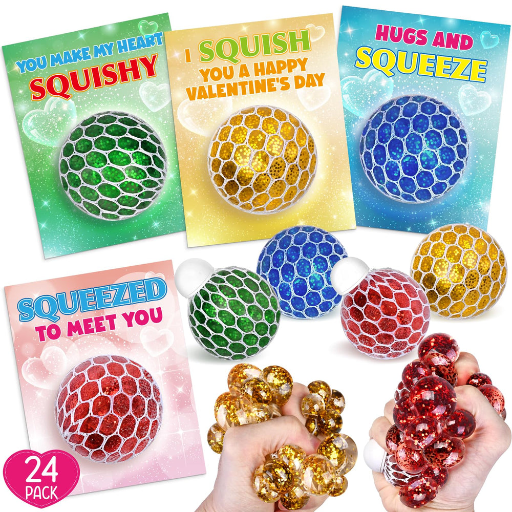Shemira Valentines cards 24-pack with colorful squeeze balls for classroom exchanges.