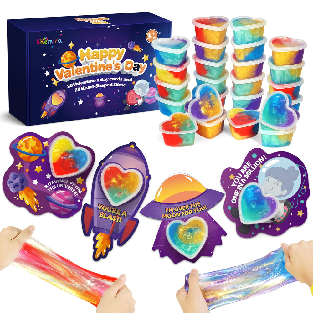 Shemira Valentines heart slime cards set 1 with colorful galaxy slime for classroom sharing