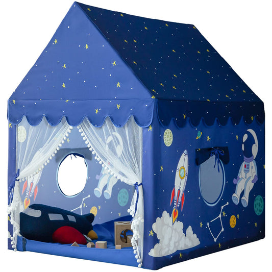 Sherilyn blue spaceship kids play tent for indoor imaginative play and easy access.