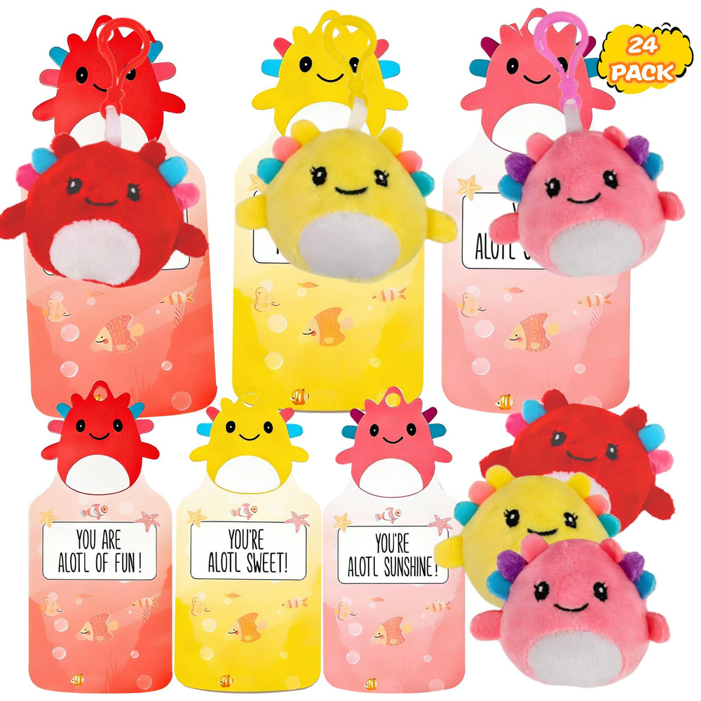 Shestal pink axolotl plush keychain ready to clip to backpacks for school.