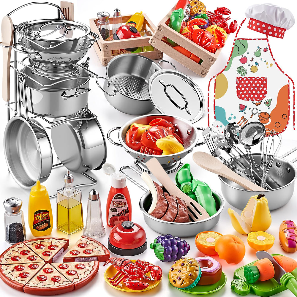 Shimirth Play Kitchen large stainless steel pots for durable pretend cooking.