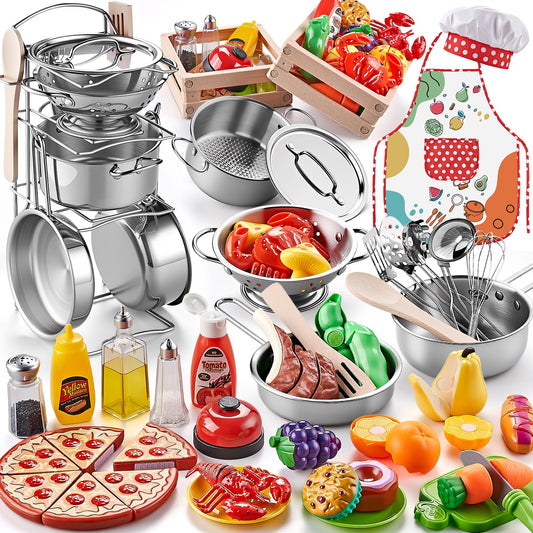 Shimirth Play Kitchen large stainless steel pots for durable pretend cooking.