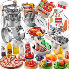 Shimirth Play Kitchen large stainless steel pots for durable pretend cooking.