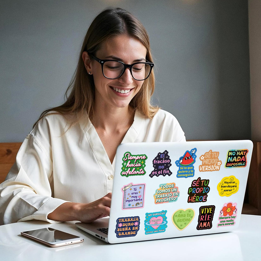 Shizvaeus Spanish decals support positive routines on notebooks and water bottles.