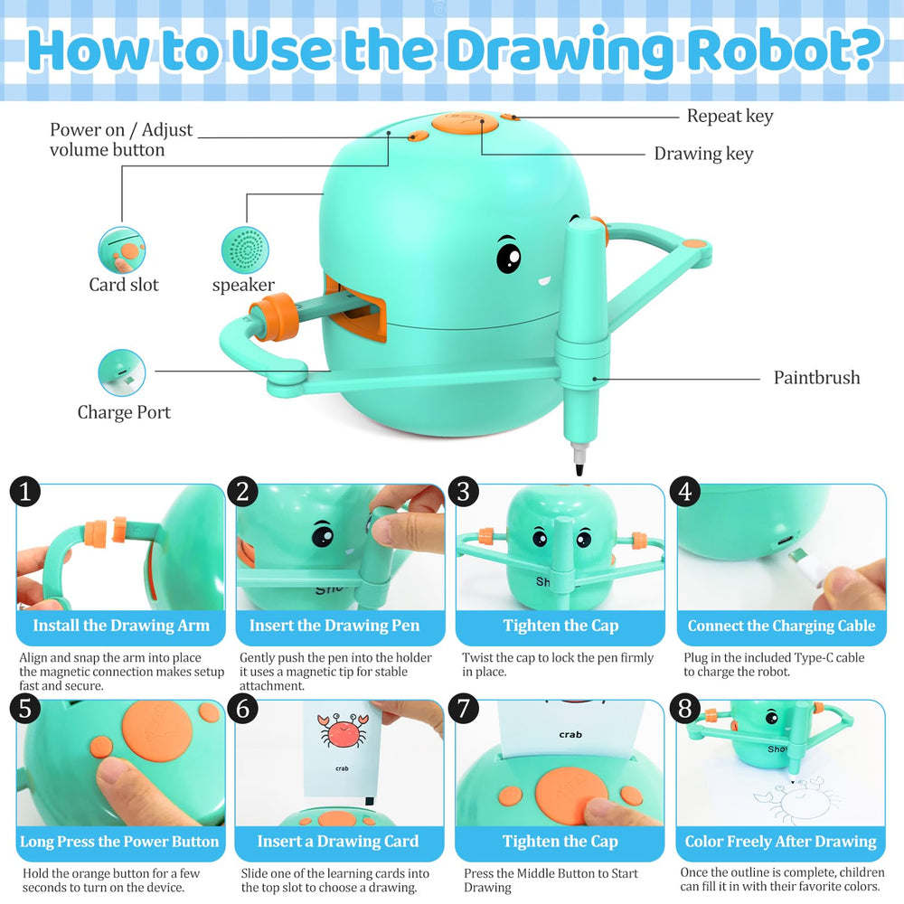 Shovira drawing robot speaks image names to guide kids
