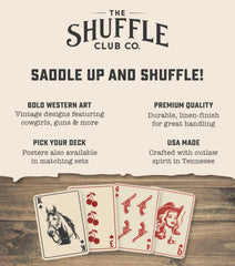 Shuffle Club Western deck poker size 2.5 by 3.5 inches fits standard tables.