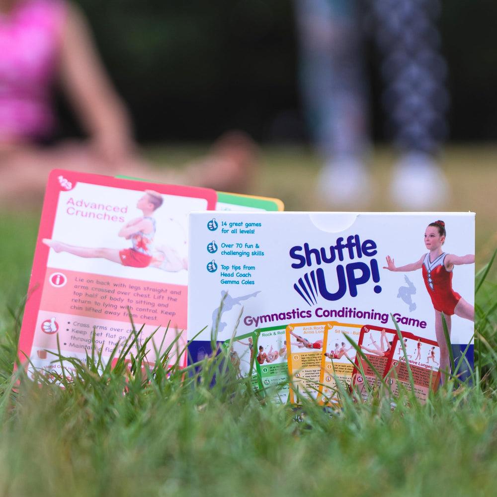 Shuffle Up Gymnastics Card Games sturdy card box for quick setup and storage