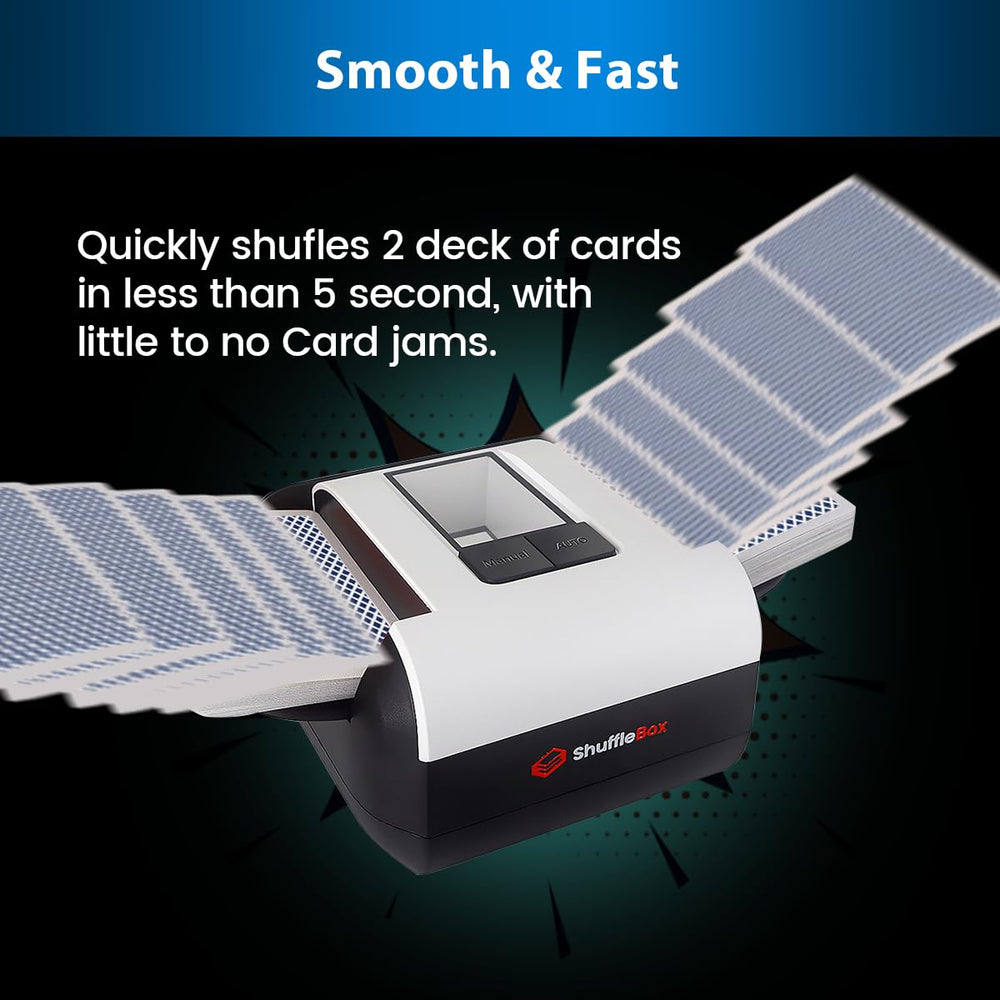 ShuffleBox S1 retractable wings adapt to standard and jumbo card sizes.