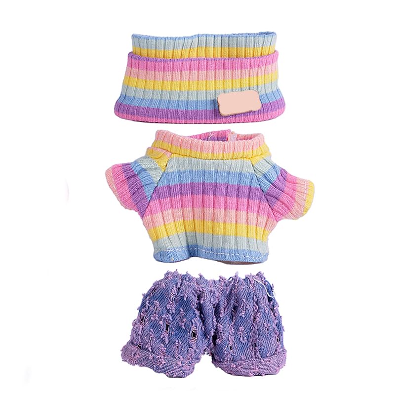 SHUOXUKE 17cm doll rainbow purple sweater and pants close-up, soft fabric and fit.