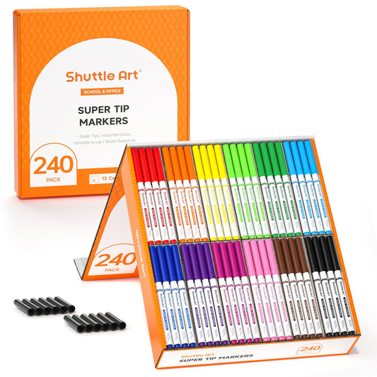 Shuttle Art 240-pack markers in a box with vibrant colors for classroom use.