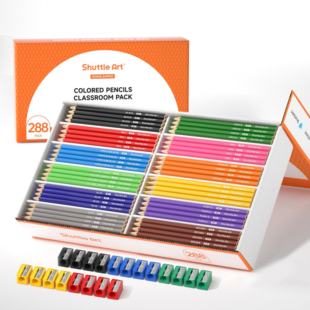 Shuttle Art 288-pack colored pencils arranged for classroom use with vibrant hues.