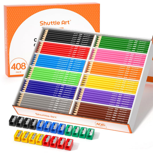 Shuttle Art 408-pack colored pencils, front view, bulk classroom-ready coloring set.