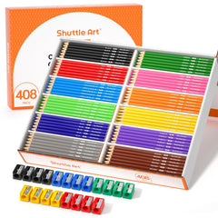 Shuttle Art 408-pack colored pencils, front view, bulk classroom-ready coloring set.