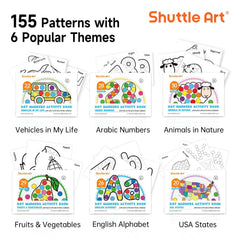 Shuttle Art activity pages featuring vehicles and animals for learning
