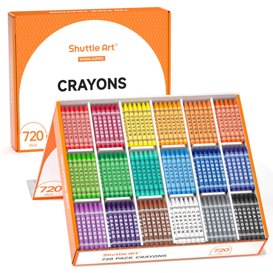 Shuttle Art crayon bulk-pack 720-count in organized box for easy classroom access.
