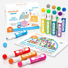 Shuttle Art dot markers in 14 bright colors for toddler art exploration.